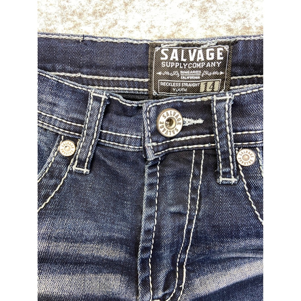 Salvage Supply Co Jeans Boys 14 Dark Wash Excellent Embroidered Thick Stitch - Picture 11 of 15